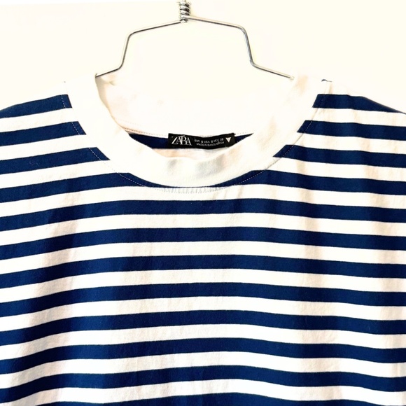 Zara Striped Crop Blue and White T-Shirt Size S - Picture 3 of 7
